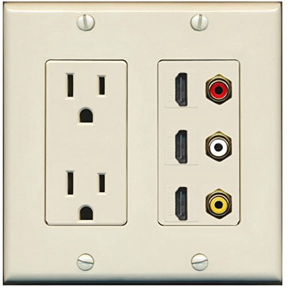 RiteAV - 2 x 15 Amp 125V Power Outlet 3 x HDMI and 3 x RCA Port Wall Plate - Light Almond