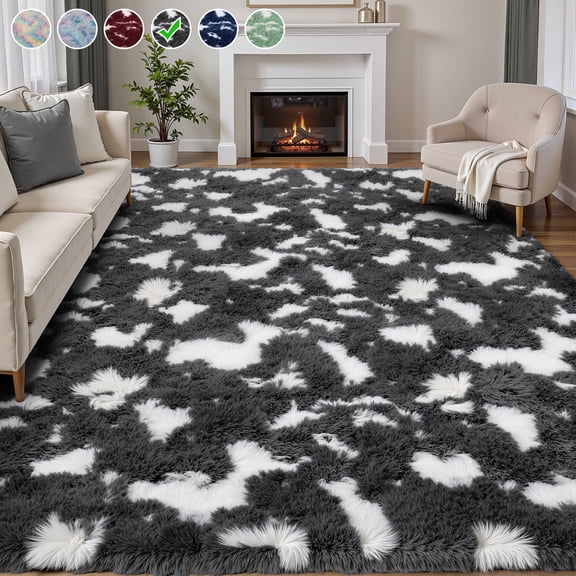 Lalado 5ft x 8ft Shag Area Rug, Soft Fluffy Indoor Tie-Dye Area Rugs for Living Room Bedroom Decor Carpet, Gray & White