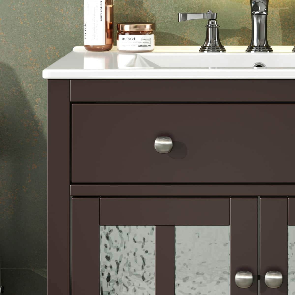 Resenkos 30" Bathroom Vanity with Ceramic Sink, Solid Wood Legs, Adjustable Shelf, Tip-Out Tray, Silver Metal Knobs, Soft Close Hinges - Brown