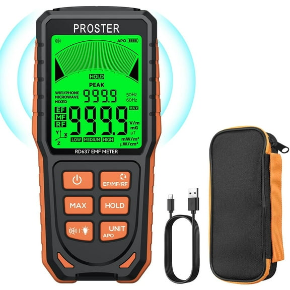 Proster Rechargeble EMF Meter - 3 in 1 Electromagnetic Field Radiation Detector for EF RF MF X/Y/Z Triaxial MF Radiation 3-Colour Backlight Display Screen EMF Detector for Home Inspections