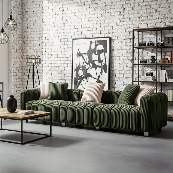 GOMYHOME Modern Green Corduroy Sofa, 3-Seater Deep Channel Tufted Couch for Living Room