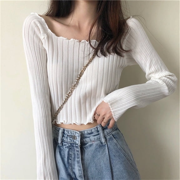 Wowcloth Women's Off-Shoulder Ruffle Top, Slim Fit Cropped, Knit Long Sleeve for Casual Daily Wear