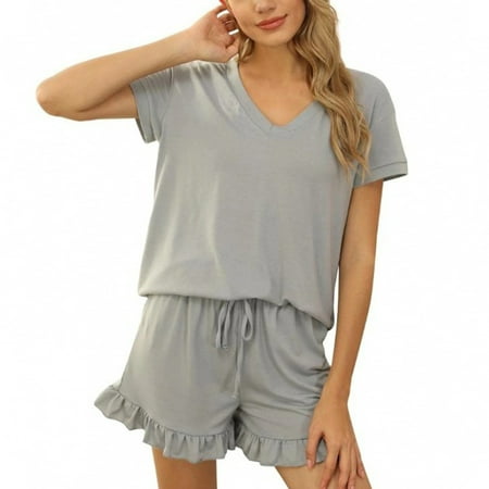 

Azrian Womens Pajamas Clearance Women Summer Solid 2 Piece V-Neck Short Sleeve Blouse And Drawstring Ruffle Shorts Suits M Size Gray on Sale