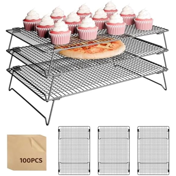 3-Tier Collapsible Cooling Rack for Baking, Stackable Cookie Rack with Detachable Design, Foldable Legs, Baking Sheets Set with 100 Pcs 6x8 Inch Baking Paper, 15.7x9.8 in Metal Cooling Rack