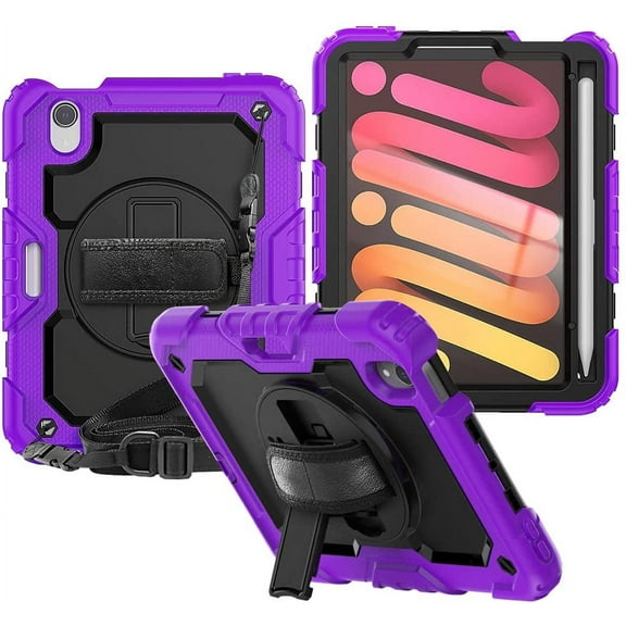 Timoom Case for iPad Mini 6 2021 8.3 inch with Screen Protector Pencil Holder 360 Stand Hand Strap Kids Shockproof Heavy Duty Rugged Cover for iPad Mini 6th Generation,Purple