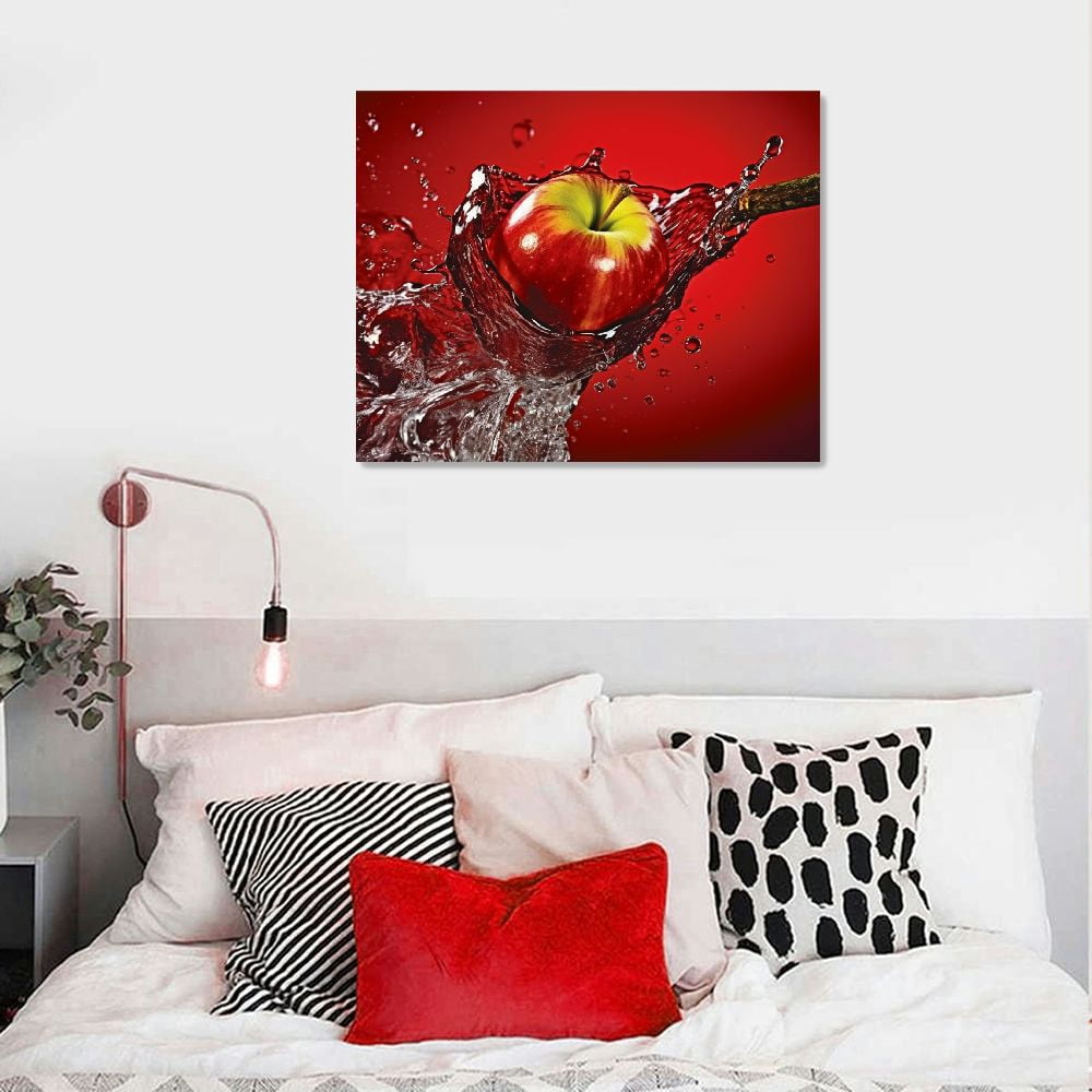 Nawypu Kitchen Wall Decor Canvas Art, Red Apple Fruit Canvas Print for Dining Room Decor, Contemporary Fruit Picture Kitchen Framed Painting for Restaurant Decor