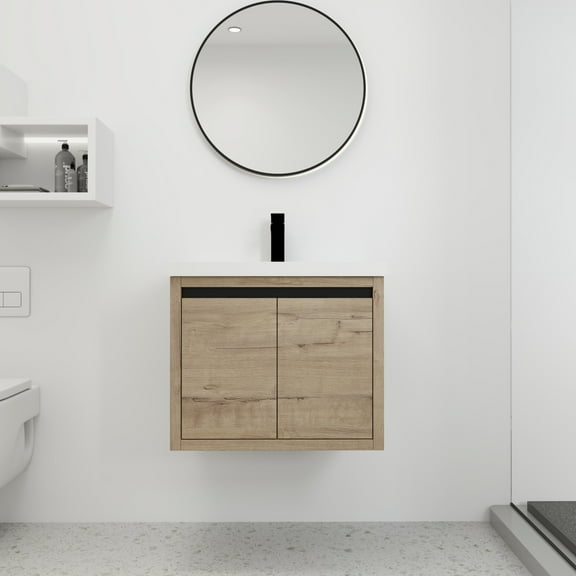 Noble House 24" Floating Bathroom Vanity, Resin Sink, Hidden Handle, Soft-Close Doors, Small Bath, Imitative Oak