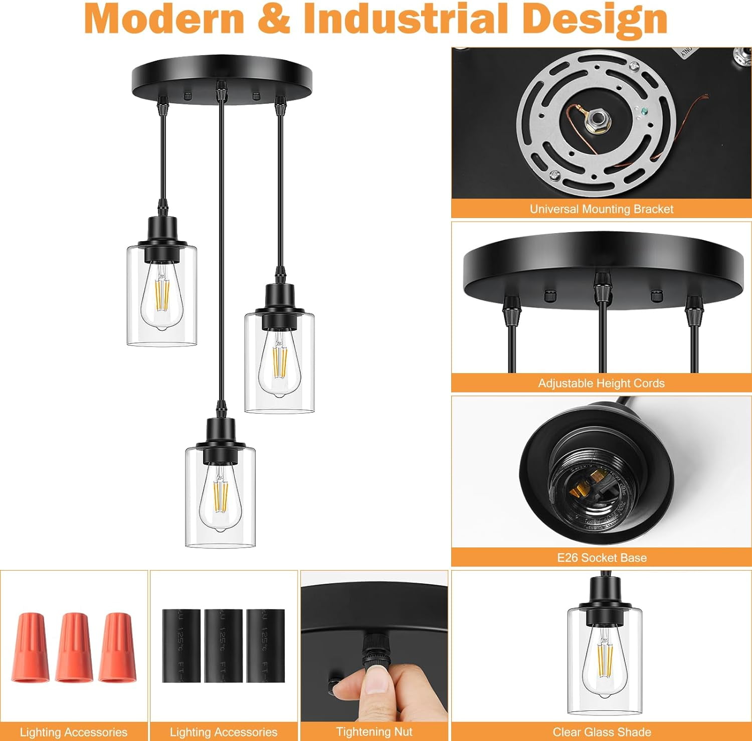 3-Light Pendant Light Fixtures Cluster Pendant Kitchen Island Pendant Lighting with Clear Glass Shade Hanging Light Fixtures with Adjustable Cord for Dining Room, Hallway, Living Room
