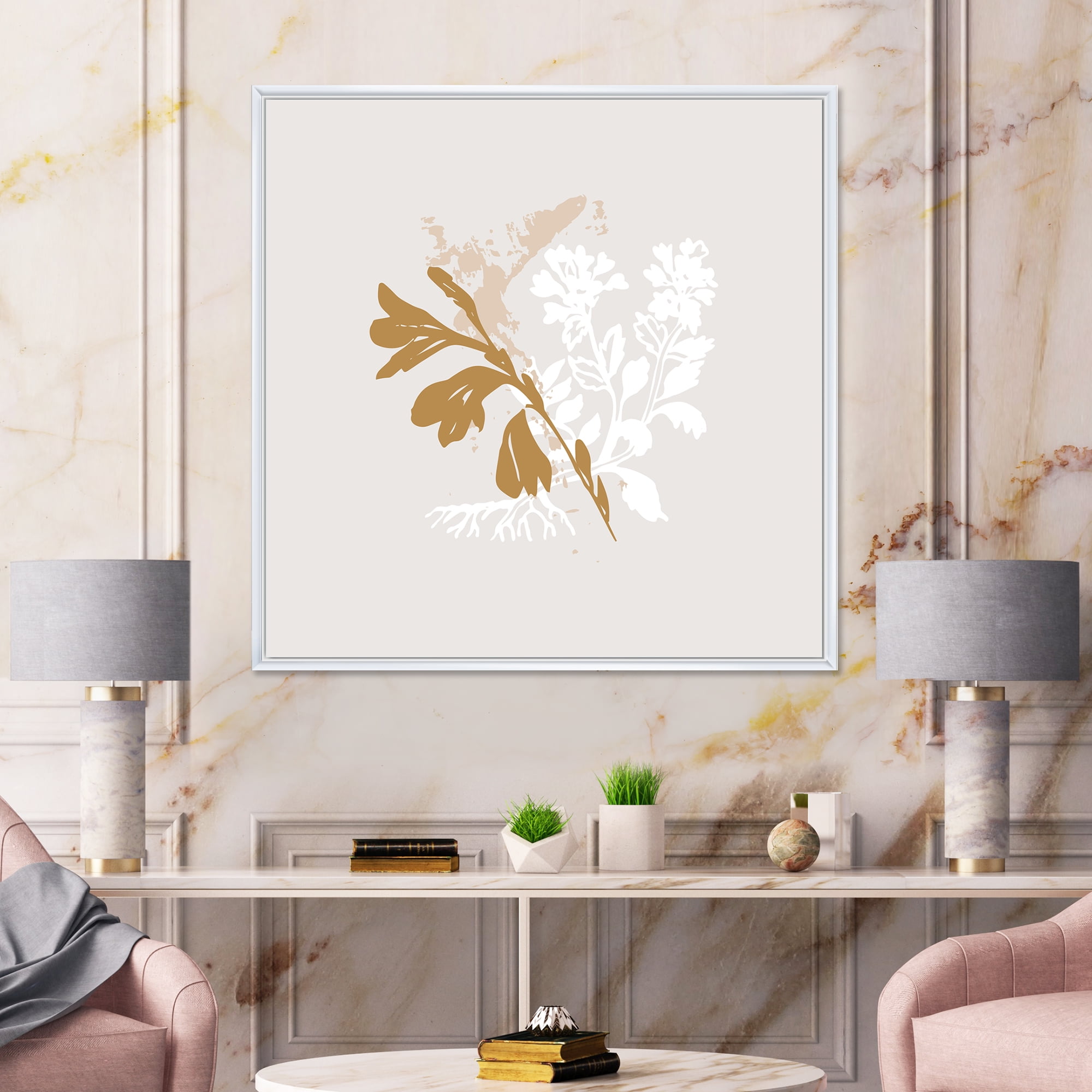 Designart 'Minimal Botanical Design In White and Brown' Traditional Framed Canvas Wall Art Print