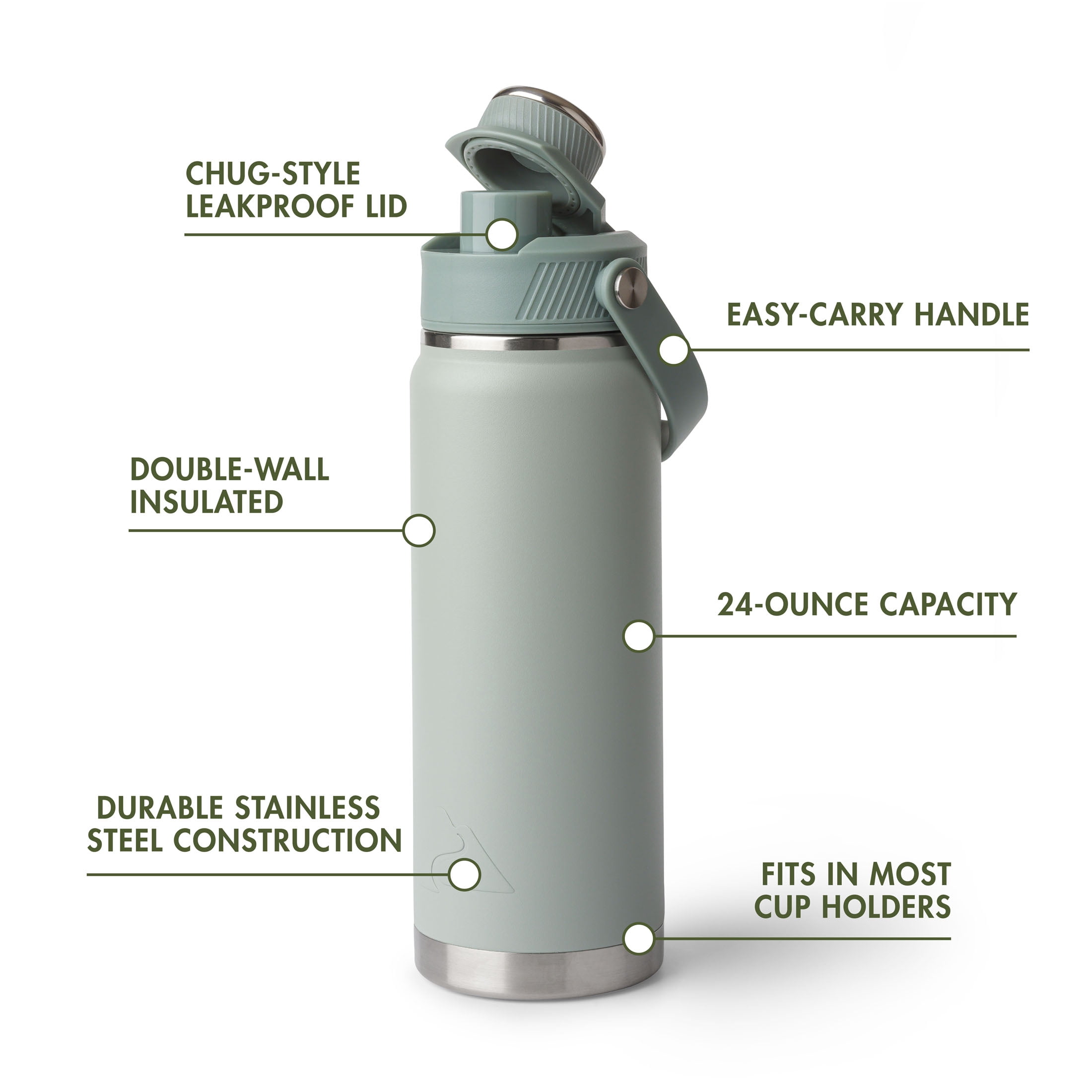 Ozark Trail 24 oz Stainless Steel Insulated Chug Water Bottle, Sage Green