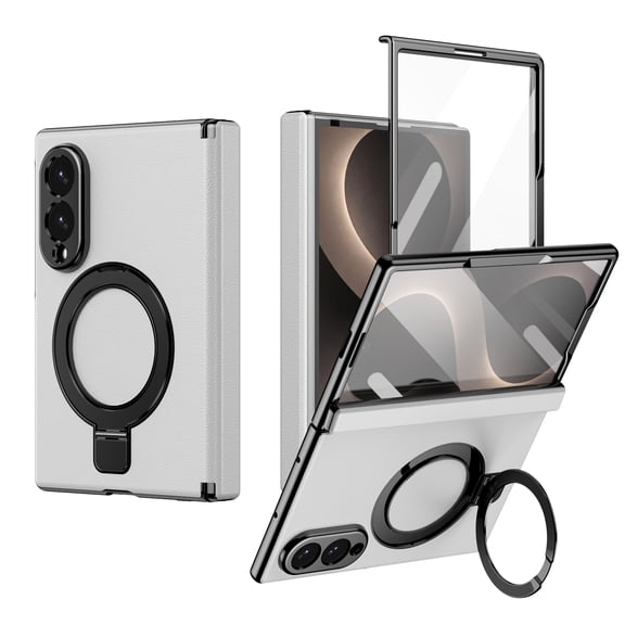 Sanwo For Samsung Galaxy Z Fold 8 Case with Built-in Screen Protector and Magnetic Kickstand,Shockproof PU Leather PC Protective Cover,White