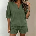 thumbnail image 5 of Women's Cotton Elastic Waist Two Piece Outfit V Neck Ruffle Short Sleeve Top with Shorts, Solid Casual Summer Set, Lounge Maternity Activewear Shorts | VerBelle,Army Green L, 5 of 8