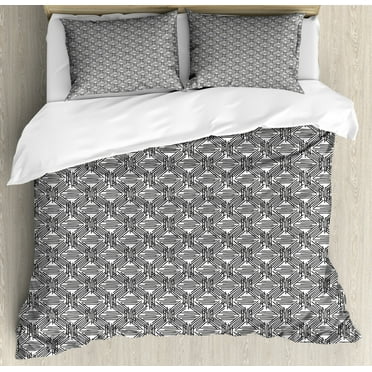 Abstract Duvet Cover Set Queen Size, Sketchy Minimalist Formless Stripes Strokes Lines Grungy Hand Drawn Like, Decorative 3 Piece Bedding Set with 2 Pillow Shams, Charcoal Grey White, by Ambesonne