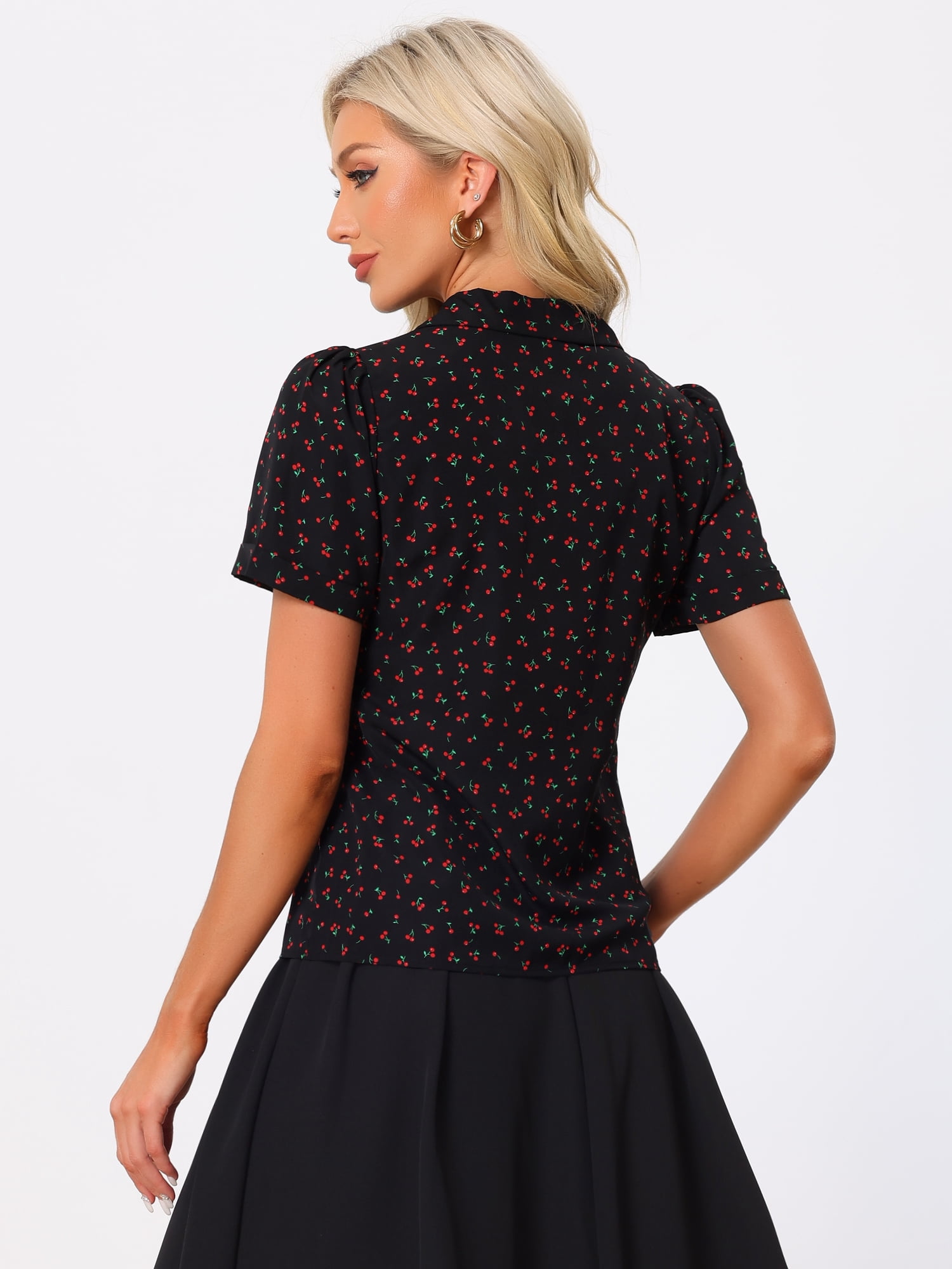 DARING DIVA Women's Short Sleeve V Neck Notch Lapel Collar Shirt S Black
