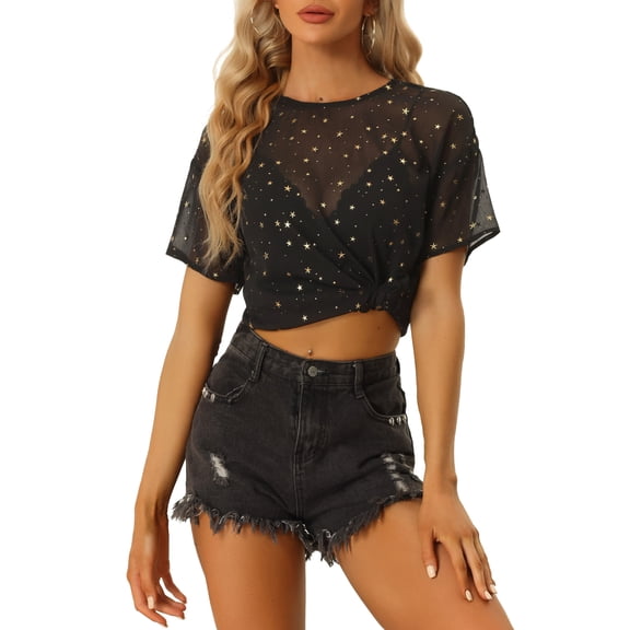 INSPIRE CHIC Women's Party Sheer Short Sleeve Gilding Shiny Metallic Stars Top XS Black