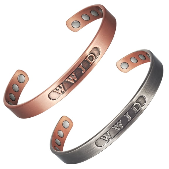 Metaljc Adjustable Magnetic Copper Cuff Bracelet for Women, Set of 2, Engraved with WWJD