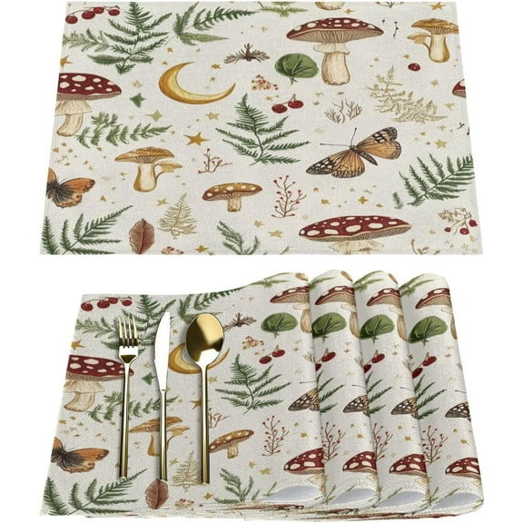 Beige Modern Mushroom Placemats Set of 6 Washable Kitchen Dining Table Mats 12 x 18 Inch Modern Cloth Place Mats Non Slip Heat Resistant Placemats for Home Kitchen Dinner Farmhouse Party