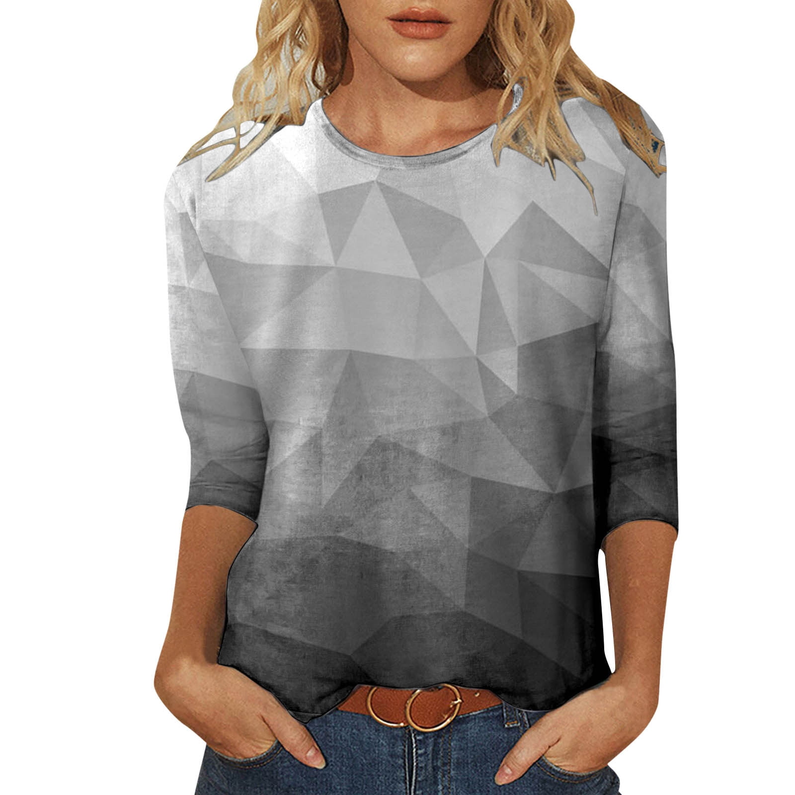 T Shirts For Women Casual Round Neck Three Quarter Sleeve Colorful