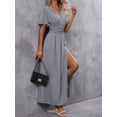 thumbnail image 3 of Grey V-Neck Butterfly Sleeve High Slit Maxi Dress With Belted Waist For Women, 3 of 7