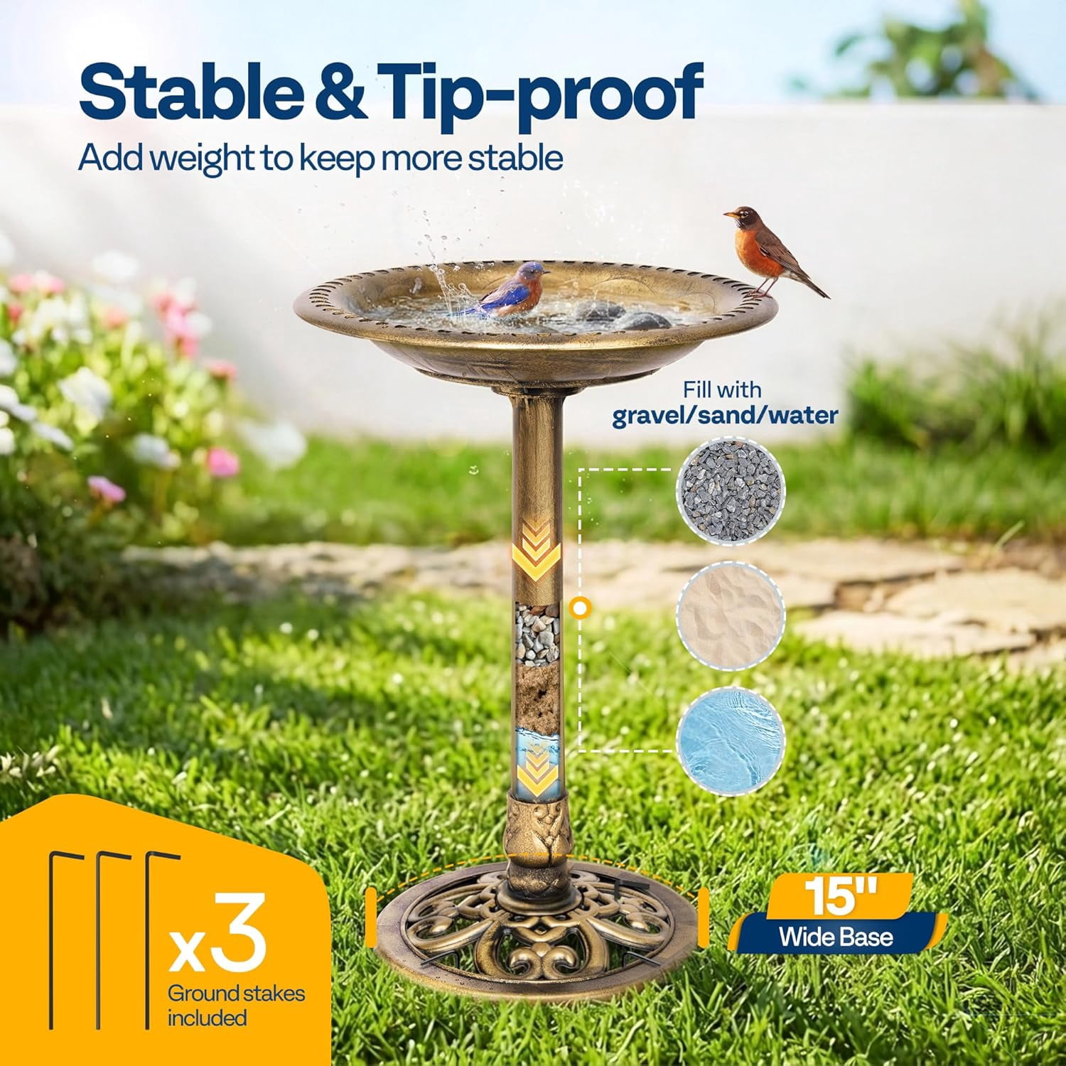 SPECSTAR Bird Bath, 28 inch Height Polyresin Lightweight Antique Outdoor Garden Birdbath Copper