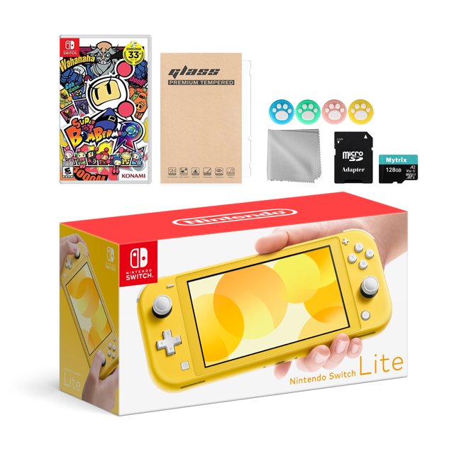 Nintendo Switch Lite Yellow with Super Bomberman R, Mytrix 128GB MicroSD Card and Accessories NS Game Disc Bundle Best Holiday Gift