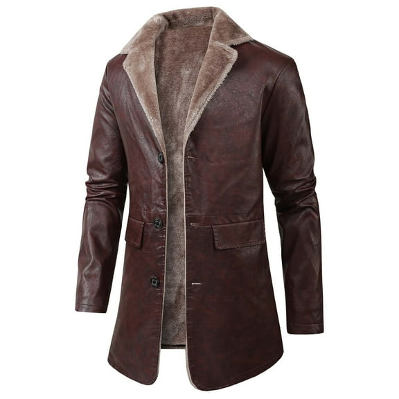 Mid Length Leather Jacket Business Casual Winter Coat With Thick And Oversized Notch Lapel