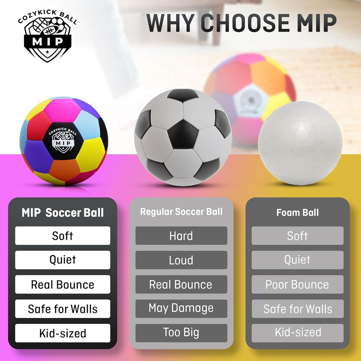 MIP Soft Indoor Soccer Ball – Size 4 Padded Ball for Kids Safe for Indoors Real Bounce Feel Quiet Ball for Active Play at Home