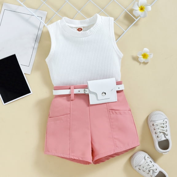 Vedolay 2 Piece Shorts Sets For Girl Girl's 2 Piece Outfits Floral Ruffle Trim Cold Shoulder Short Sleeve Top and Shorts Set,Pink 18-24 Months