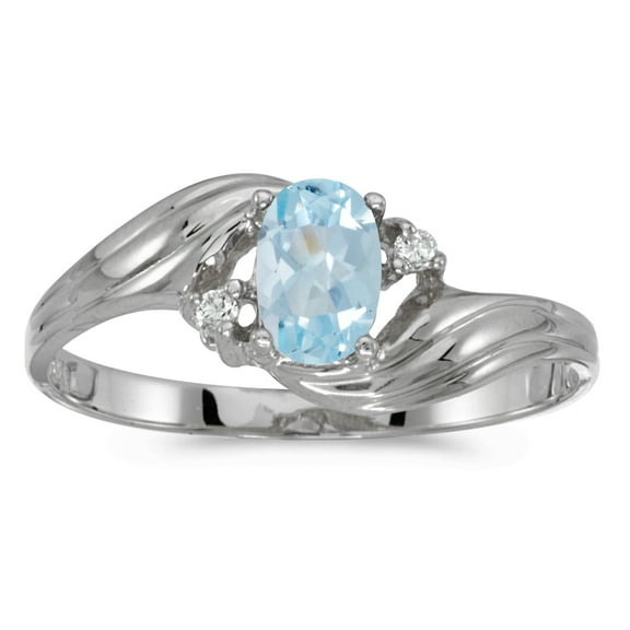 10k White Gold Oval Aquamarine And Diamond Ring
