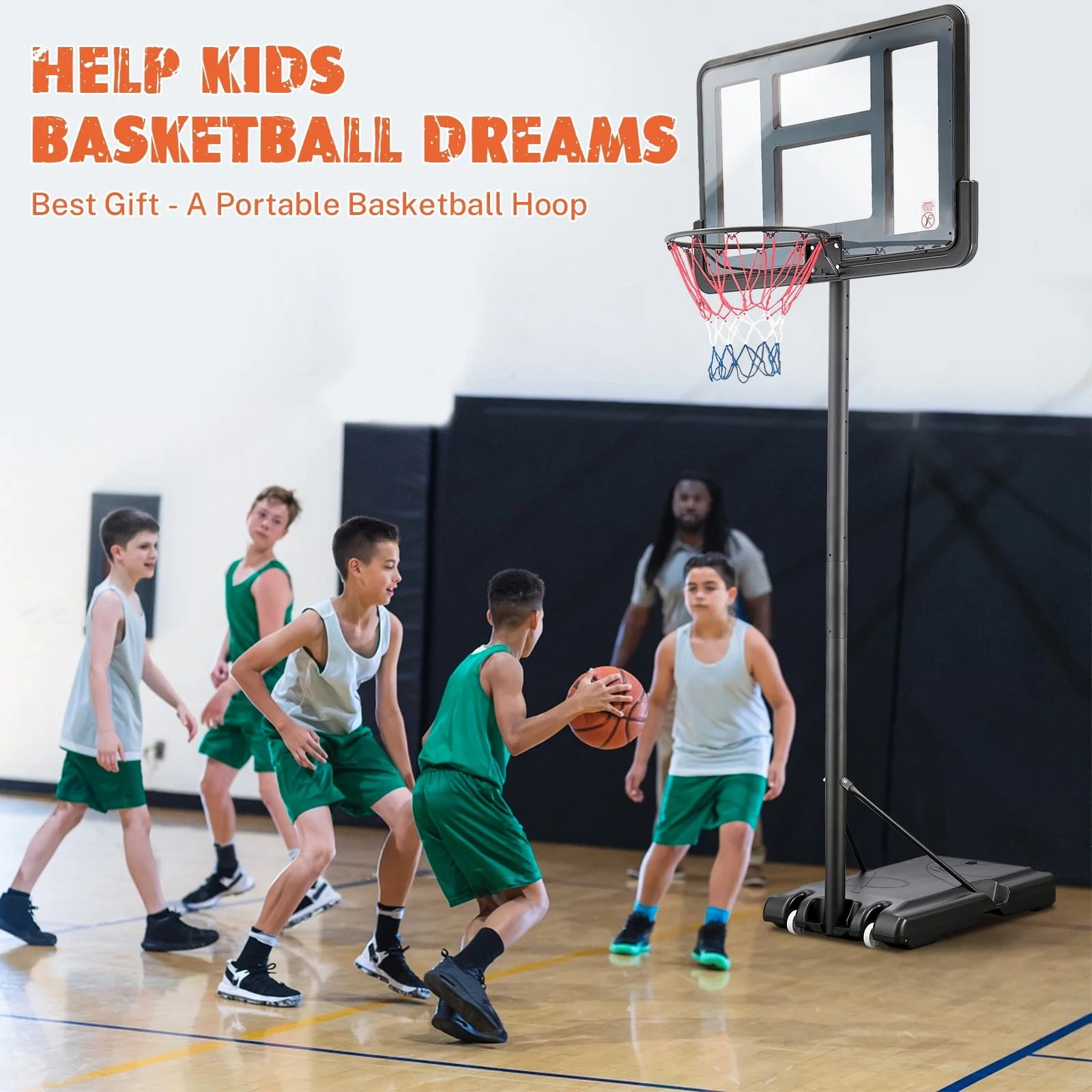4.9-10FT Height Adjustable Basketball Hoop Outdoor/Indoor, SHINPT Portable Basketball Hoop with Wheels for Kids and Adults, Basketball Hoop with 44 inch Backboard for Backyard, Black Play Equipment