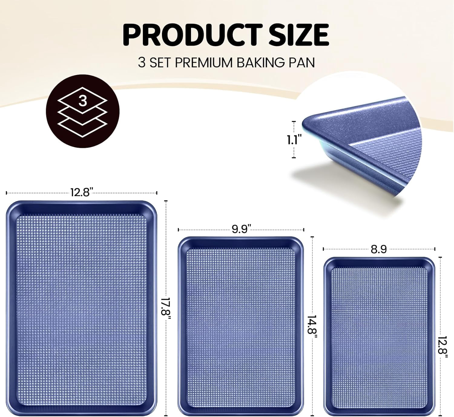 Vinino Baking Sheet Set of 3, Cookie Sheets For with Square Texture Pattern, Thicker Carbon Steel Non-stick Pan Half/Quarter/Jelly Roll Pans Tray for Oven-Blue