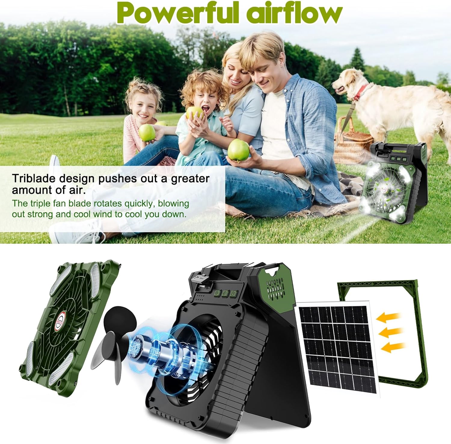 4 Speeds Solar Battery Operated Fan for Camping, 10000mAh Portable Rechargeable Desk Fan with LED Light & Timing Function, Folding USB Charger Port Camping Fan Power Bank for Home Office Car Outdoor
