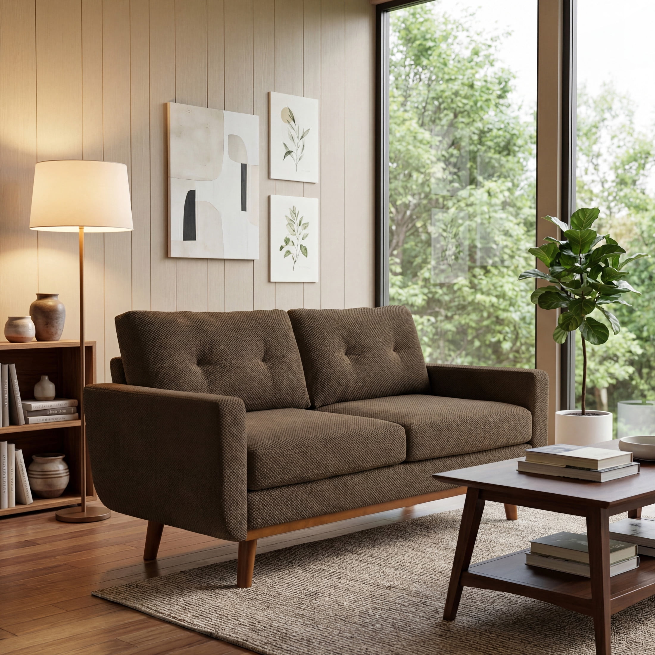 Noble House 65" Mid-Century Modern Loveseat Sofa, Nubby Upholstery, Solid Wood Legs, Coffee
