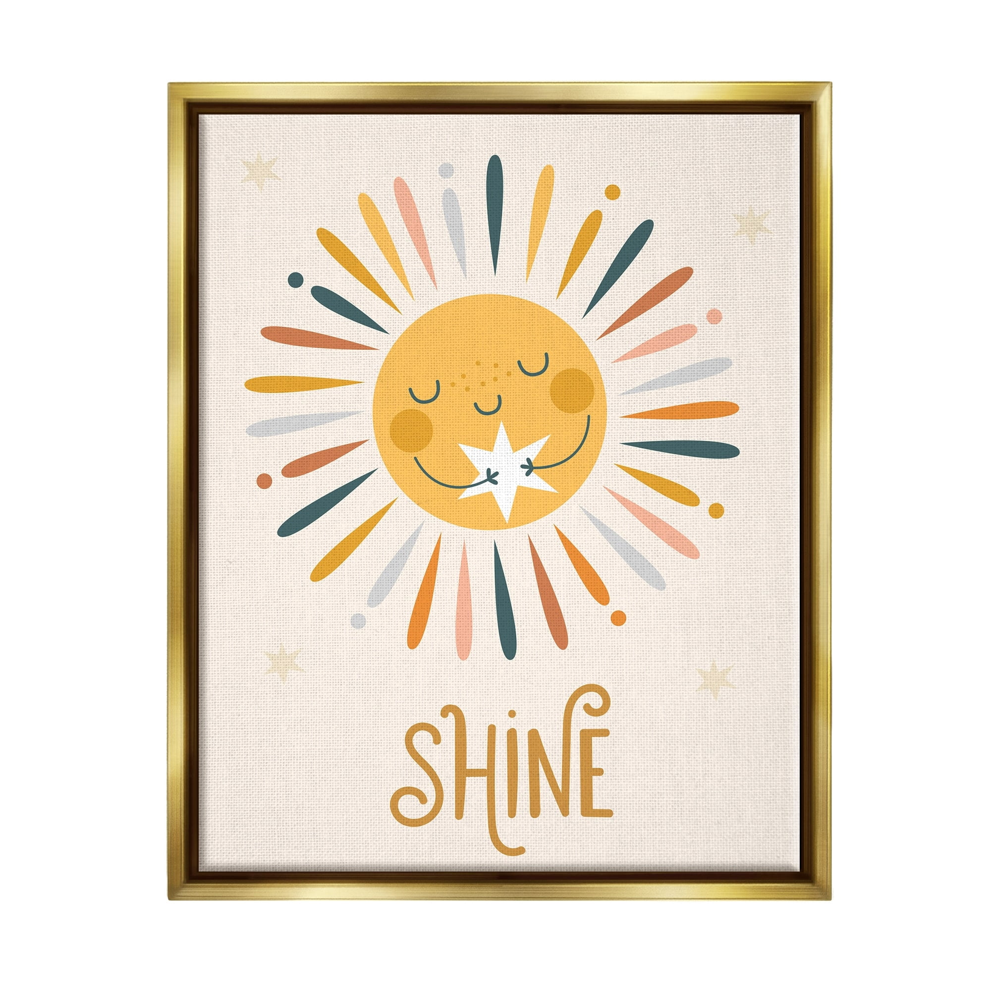 Stupell Industries Shine Phrase Uplifting Sun Rays Hugging Star Graphic Art Metallic Gold Floating Framed Canvas Print Wall Art, Design by Ilis Aviles