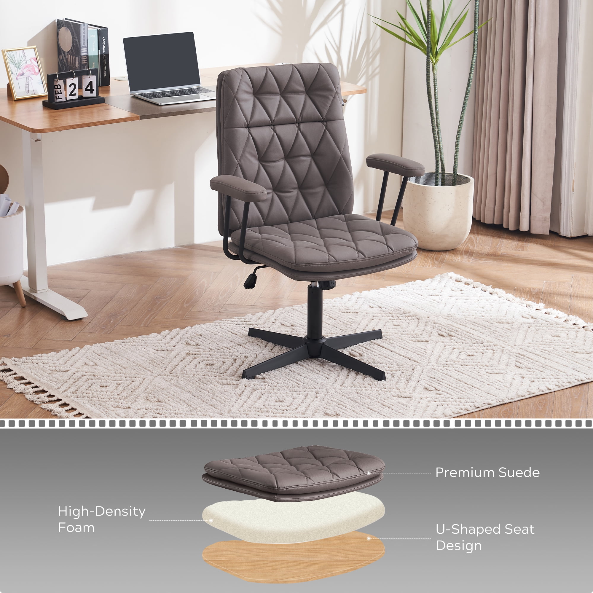 EYYTHUNG Swivel Home Desk Chair with Arms, Adjustable Working Computer Chair, No Wheels, Brown