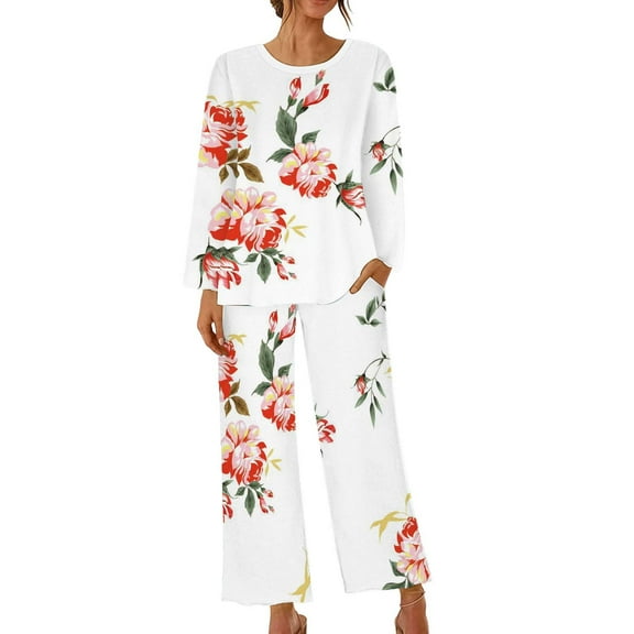 IROINNID Pajamas Sets for Women Two Pieces Printed Loose Sleep-shirt and Pants Homewear Sleepwear Sets with Pockets,White C
