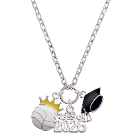 Delight Jewelry Silver-tone Volleyball - Crown - Class of 2026 Graduation Zoey Charm Necklace, 28"