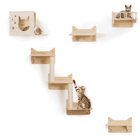 MIUZMORE 9-Piece Wall-Mounted Cat Shelves Set, House, Lookout Tower, 2 Sisal Scratching Posts, 5-Step Cat Wall Ladder, Space-Saving Indoor Furniture