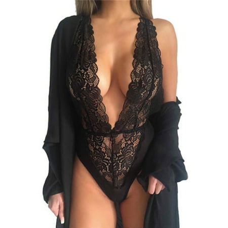 Womens Lace Deep V Neck Bodysuit See Through Lingerie Underwear (Best Intimate Gifts For Women)