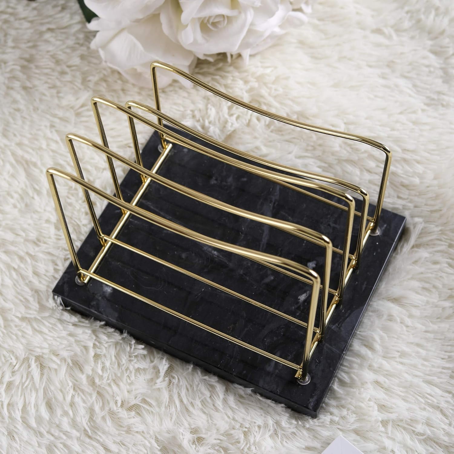 Real Marble File Holder - Marble Desk Accessories - Modern Marble Mail Organizer - Gold Mail Holder & Letter Tray (Black + Gold)