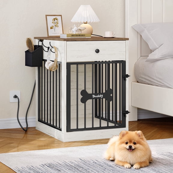 24.6" Wooden Dog Crate Furniture with charging station,small dogs,White Brown