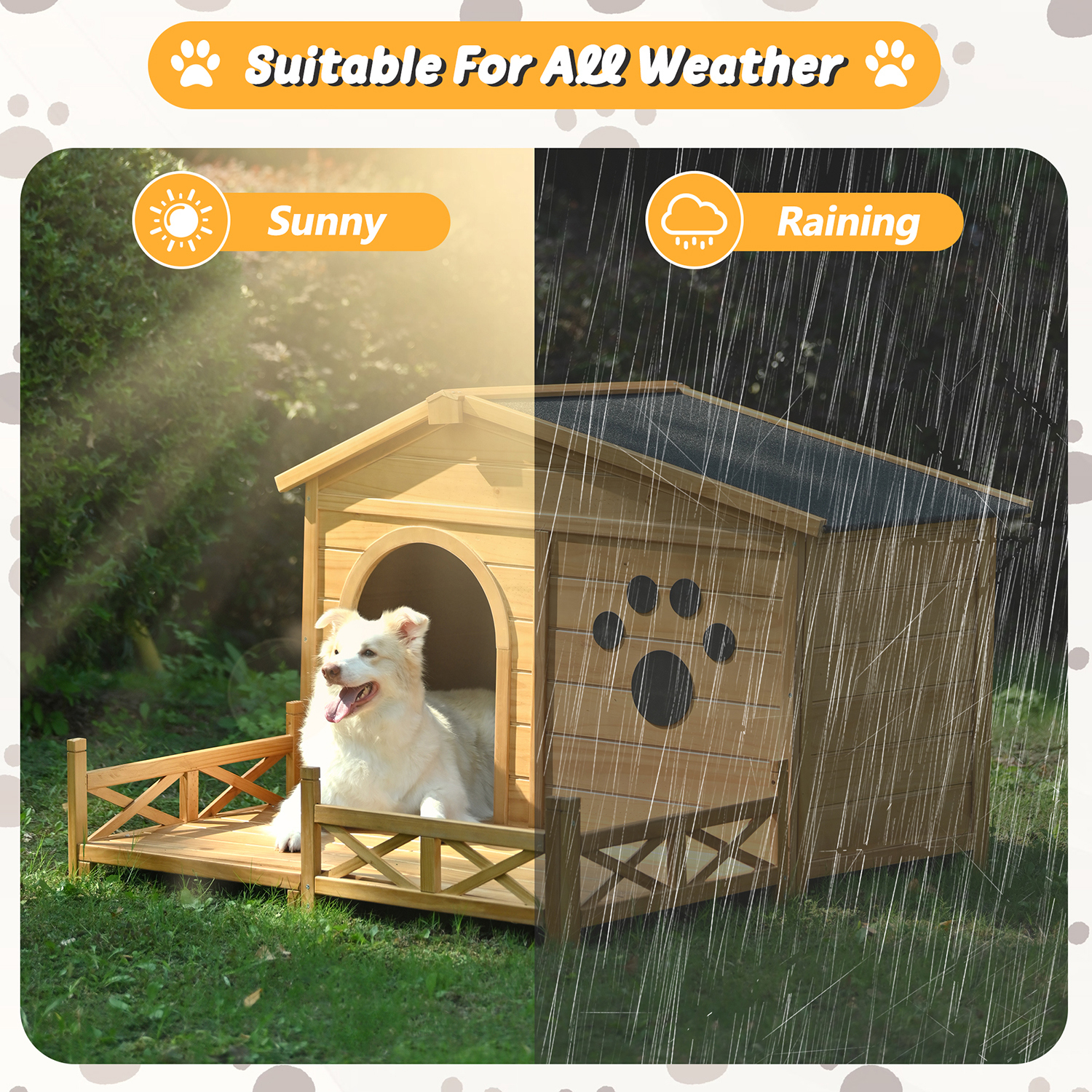 Pefilos 48" Large Wooden Dog House for Outdoor and Indoor, Cat Shelter with Doors and Porch, Cabin Style Pet Kennel for Medium Dogs, Gray