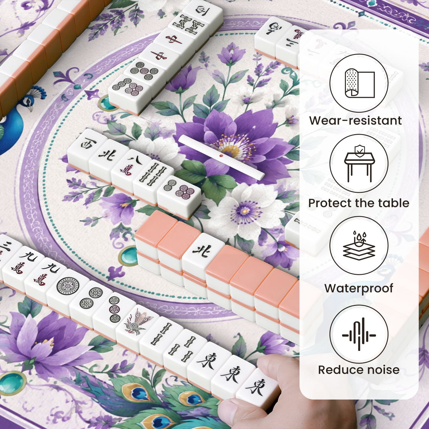 Mahjong Mat 31.5" x 31.5" Elegant Purple White Floral Peacocks Ornamental Border Non-Slip Noise Reduction Mahjong Tiles Table Cover for Dominoes Poker Card Board and Tile Games