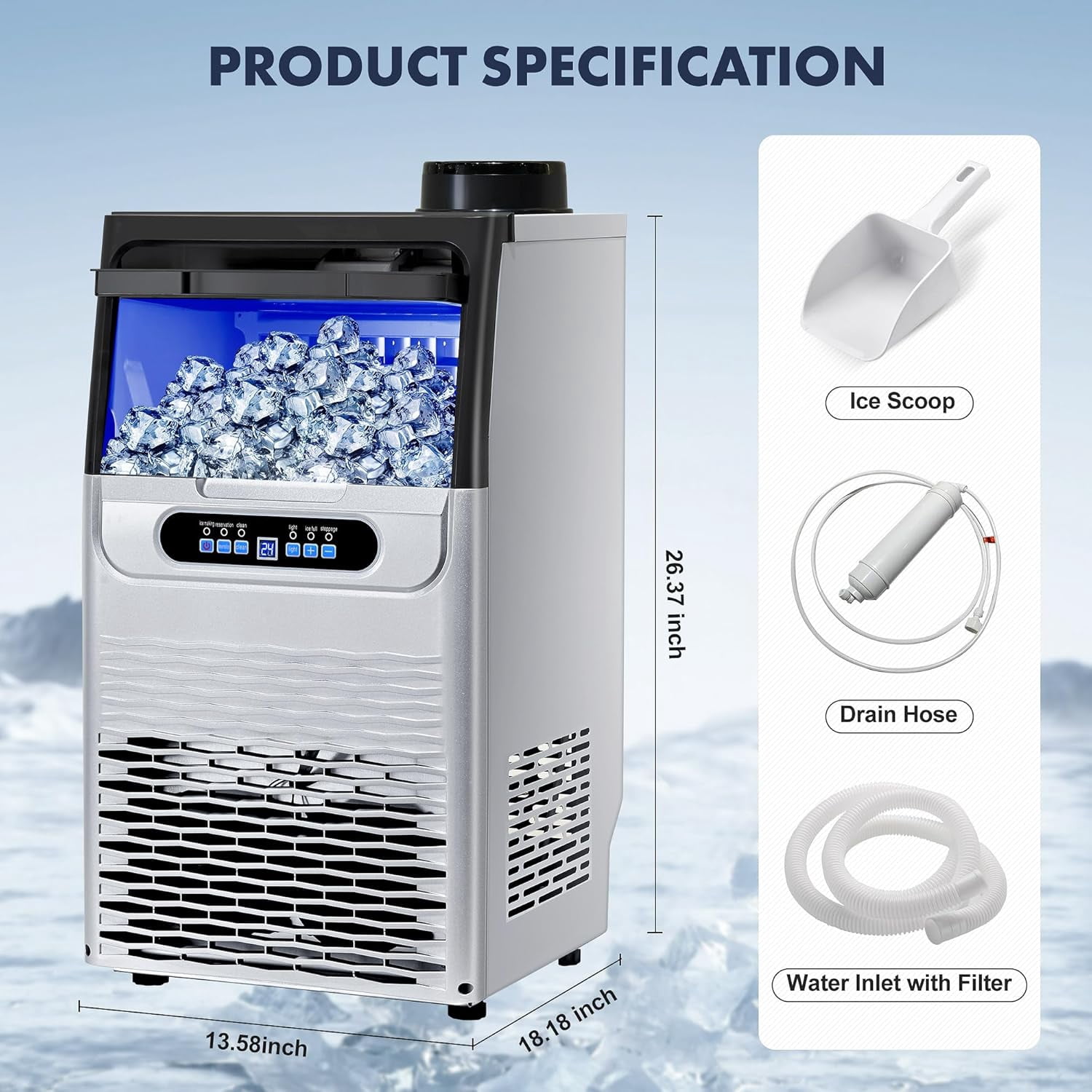 Commercial Ice Maker Machine, 80LBS/24H Under Counter Ice Maker, Stainless Steel Freestanding Ice Machine with 22LBS Bin, Self-Cleaning, Scoop, Ideal for Home Bar Offices