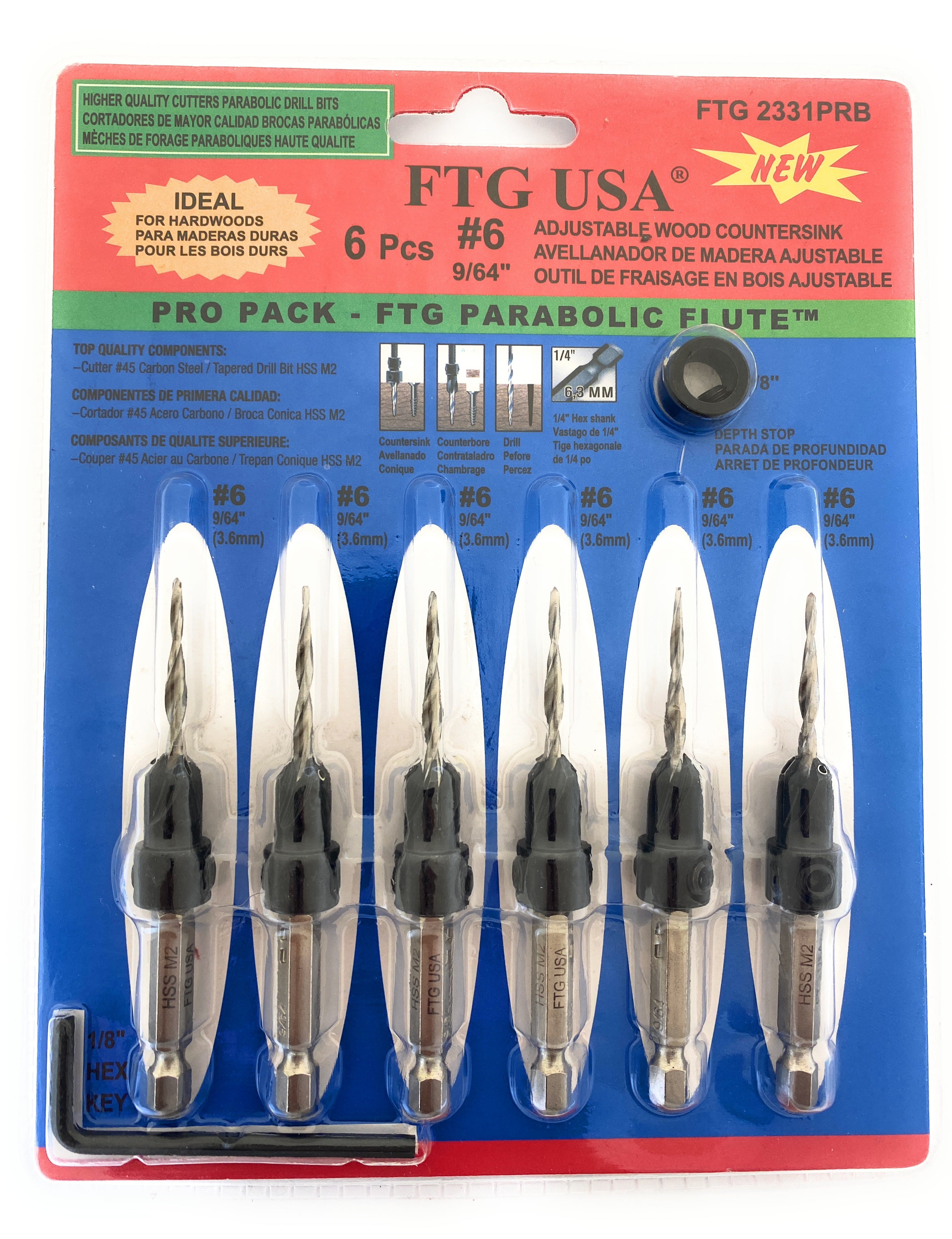 FTG USA Countersink Drill Bit Set 6 Pc Tapered 6(9/64") Parabolic Flute