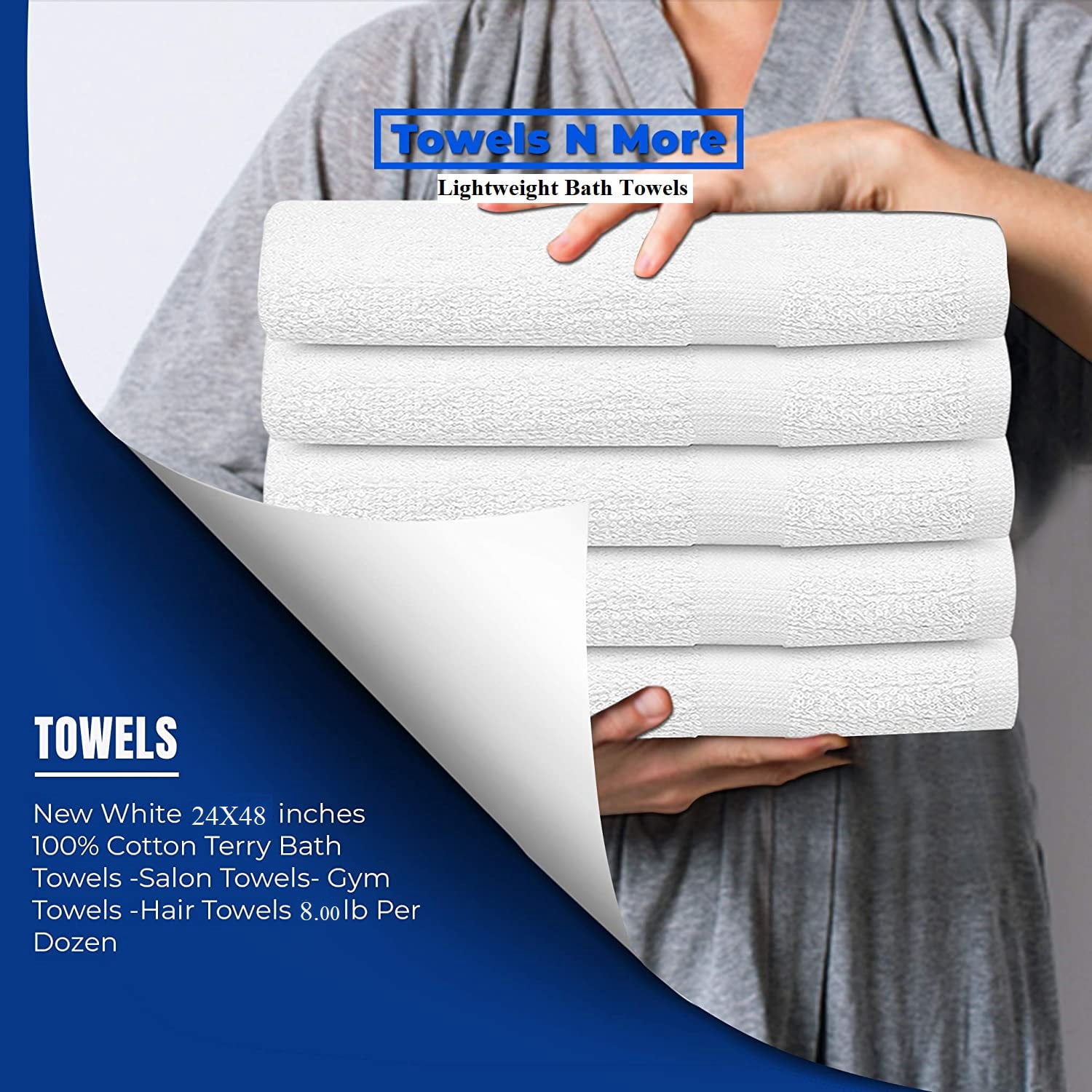 Towels N More 24x48 Bath Towel Set, Lightweight Quick Drying Gym Towel - White, 6 Pcs