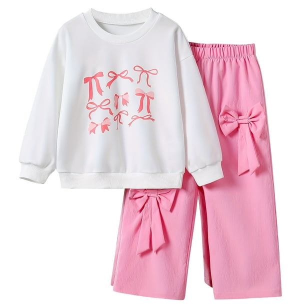 Odeerbi 3-10 Años Conjuntos de Niña Sudaderas de Algodón Sudaderas Con Cuello Redondo Pajarita Pantalones Anchos Conjunto de Dos Piezas Top Con Lazo Pantalones