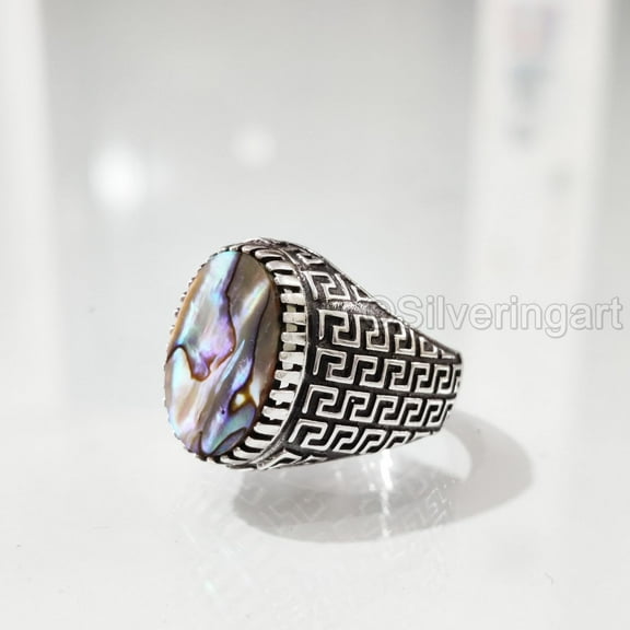Abalone Shell Ring, Natural Flat Abalone Shell, Gents Ring, Silver Jewelry, 925 Silver Ring, Birthday Gift, Heavy Mens Ring, Arabic Design, Ottoman Style Ring, Christmas, Turkey Mens Signet Ring
