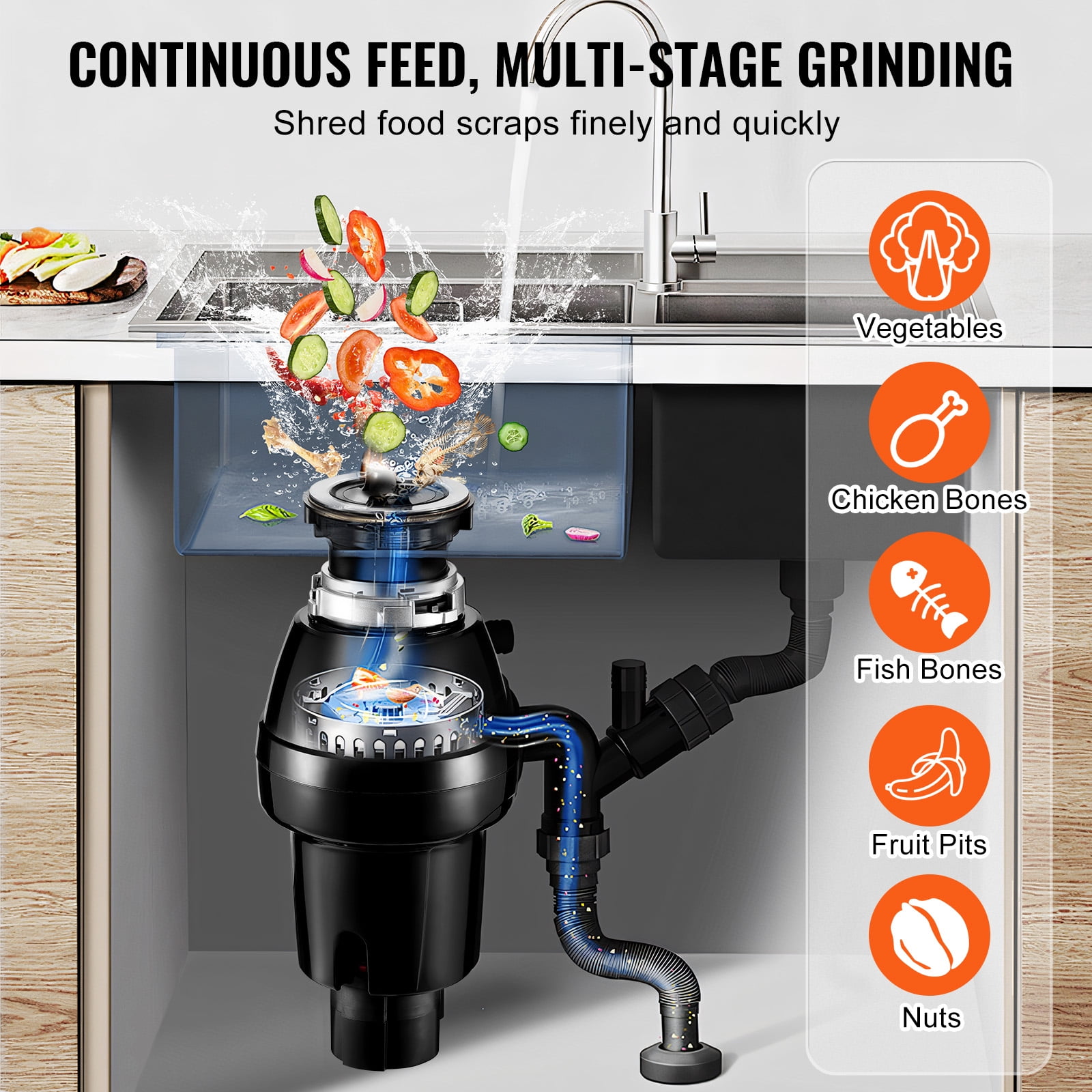 KFFKFF Garbage Disposal, 3/4HP 3250RPM Constant Operation Food Residue Eliminator, Simple Connection Food Residue Pulverizing System with Noise Diminishing, Electrical Cable & Splash Protector