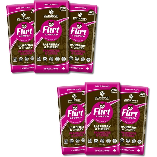Zazubean Organic Chocolates Flirt Raspberry & Cherry Dark Chocolate Bars with Acai (6 x 85g)